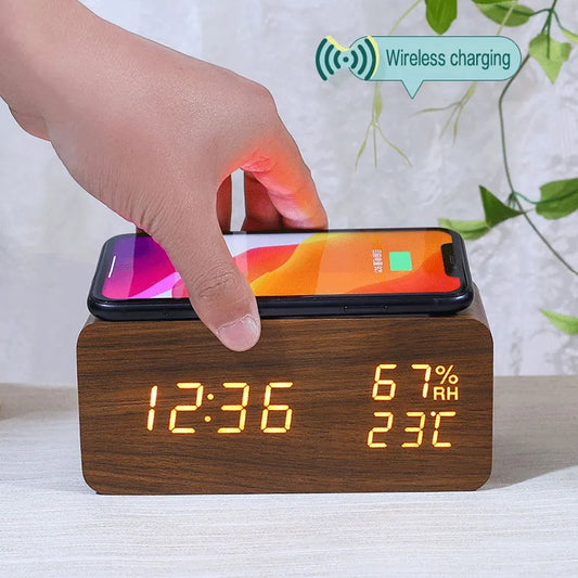Digital Alarm Clock Wooden Temperature And Humidity Alarm Clock LED Electronic Clock Smartphone Wireless Charger